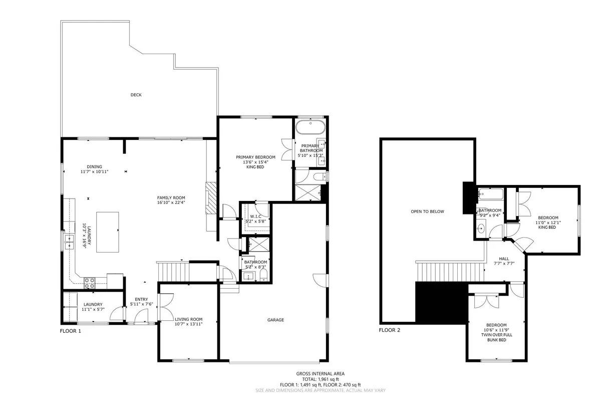 A bright, open-plan view that connects the dining area, family room, primary bedroom, and leads out to a visible deck. The large windows provide ample natural light and offer glimpses of the outdoors, suggesting an inviting transition between indoor comfort and the natural world outside.